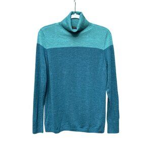 XL 100% Merino Wool Two-Tone Colorblock Teal Turtleneck Sweater Long Sleeve